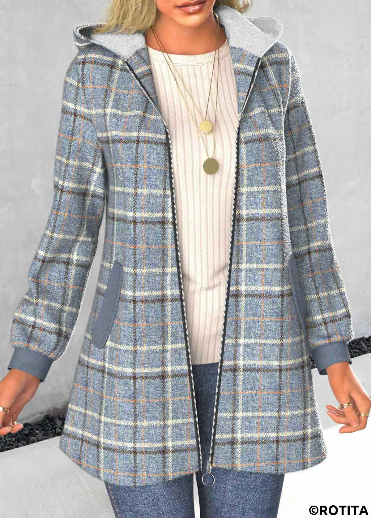 Dusty Blue tops,Plaid tops,Striped tops,ROTITA Zipper Plaid Dusty Blue Hooded Long Sleeve Coat