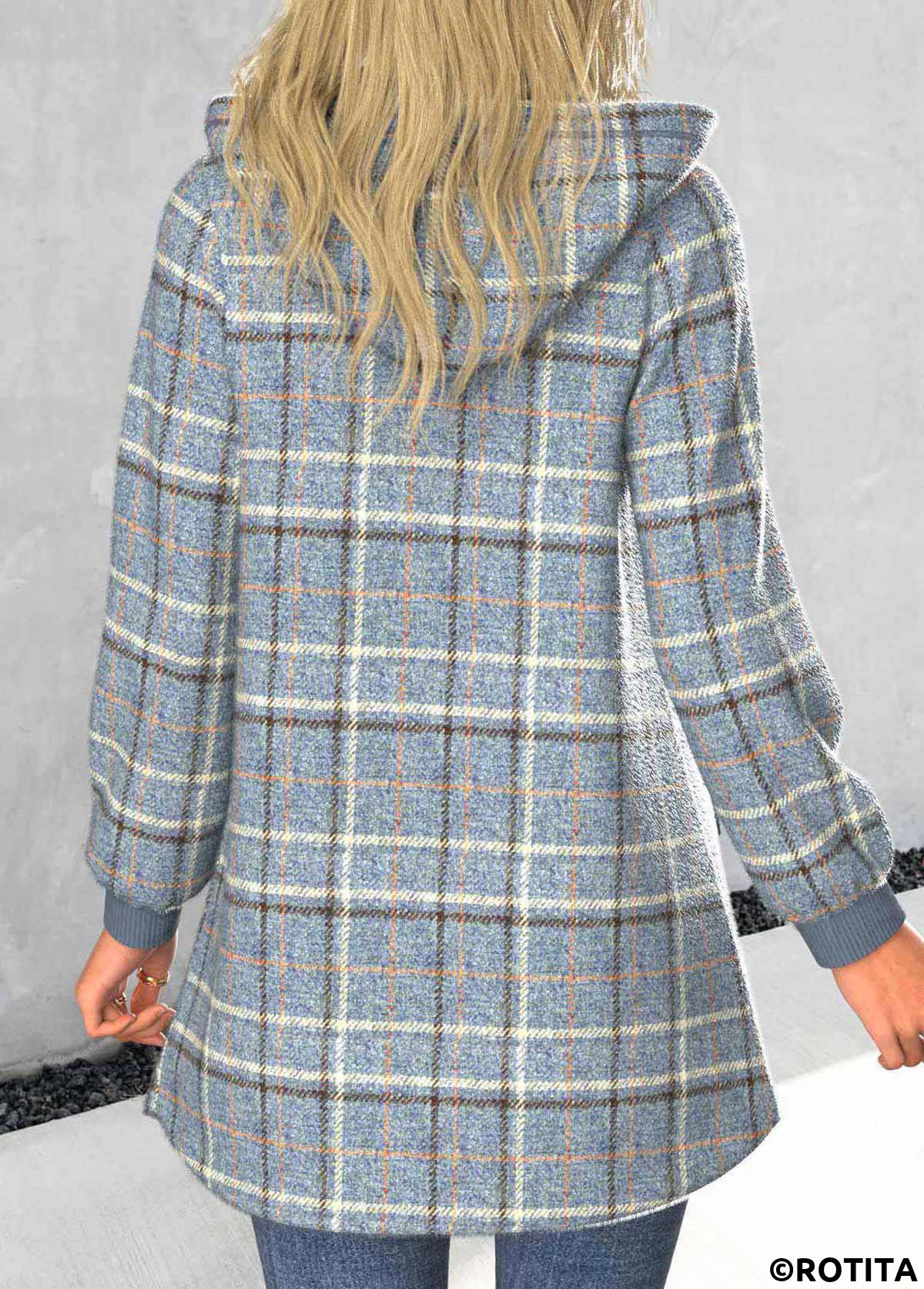 Dusty Blue tops,Plaid tops,Striped tops,ROTITA Zipper Plaid Dusty Blue Hooded Long Sleeve Coat