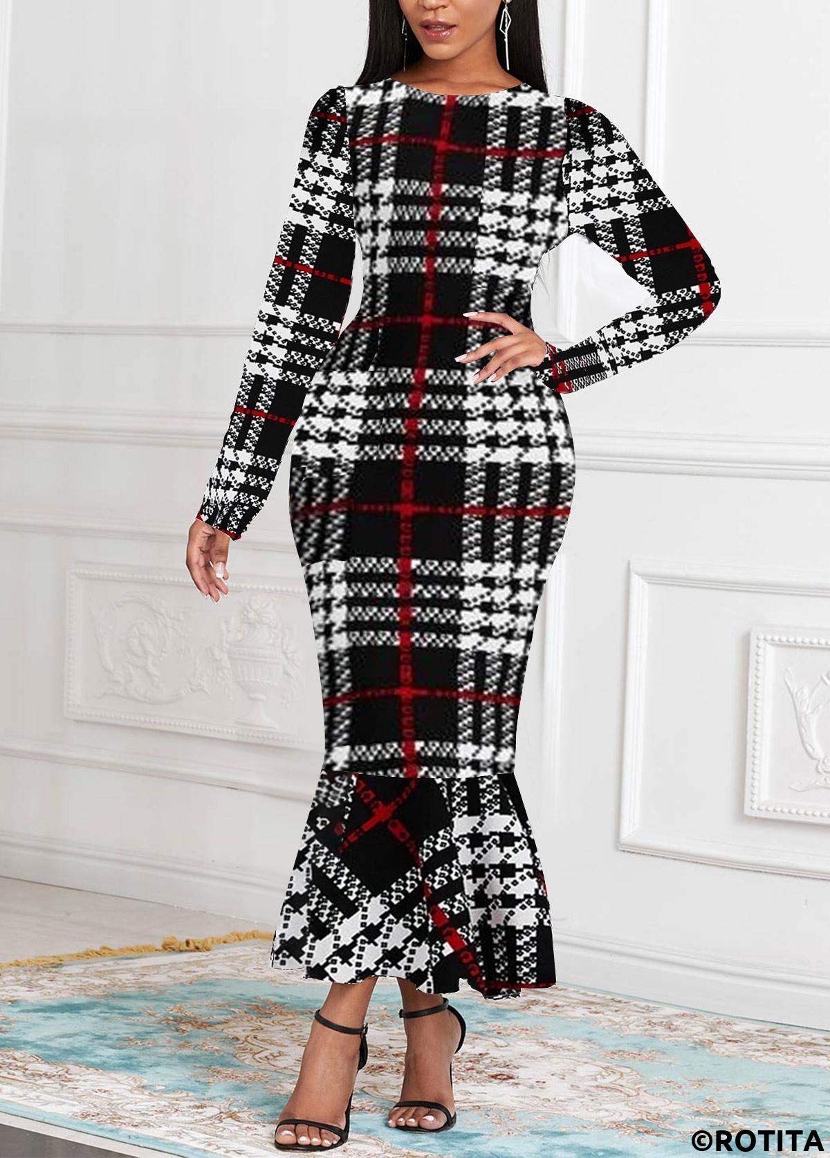 Black plus size,Plaid plus size,Striped plus size,ROTITA Plus Size Mermaid Black Plaid Bodycon Round Neck Dress