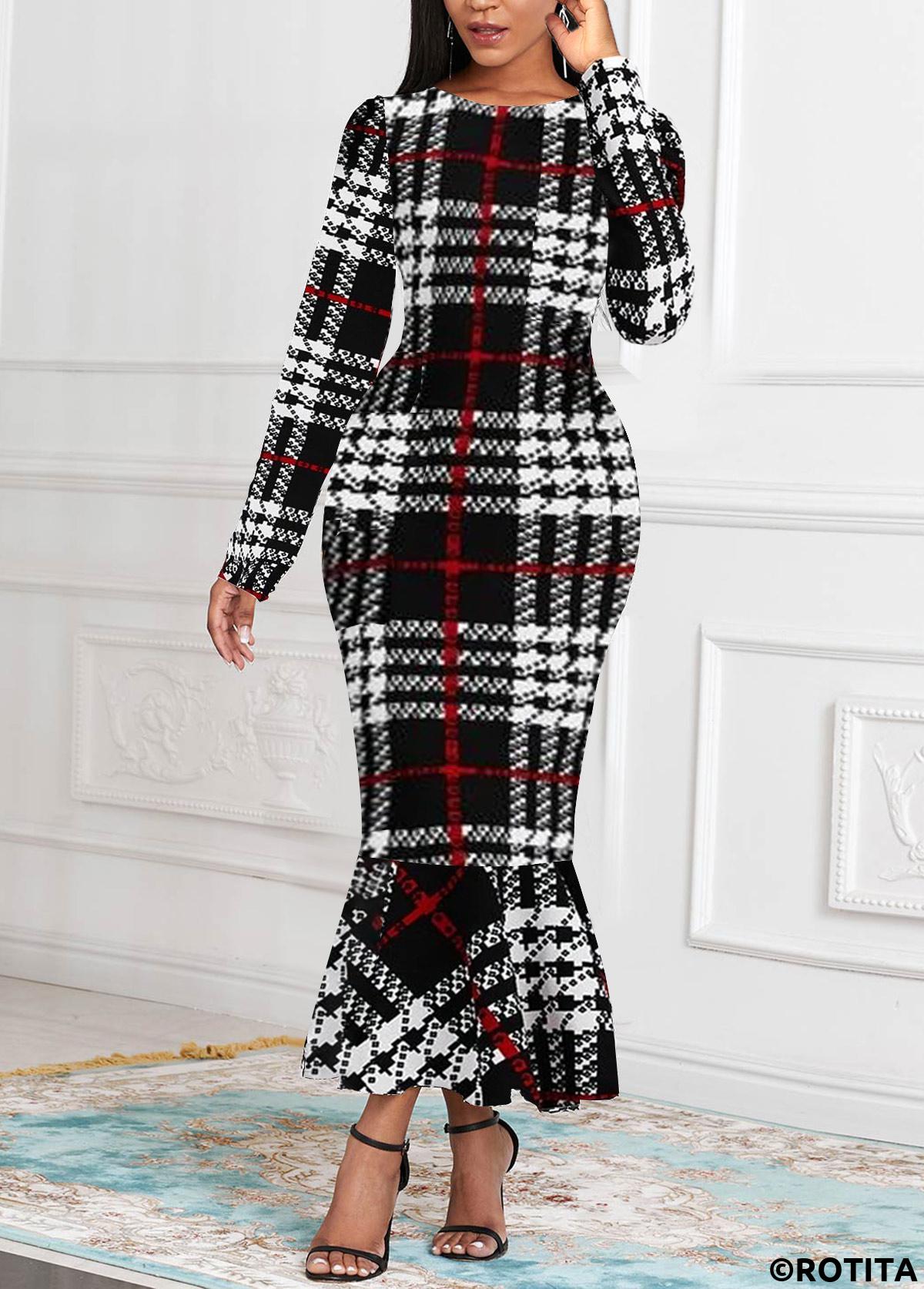 Black plus size,Plaid plus size,Striped plus size,ROTITA Plus Size Mermaid Black Plaid Bodycon Round Neck Dress