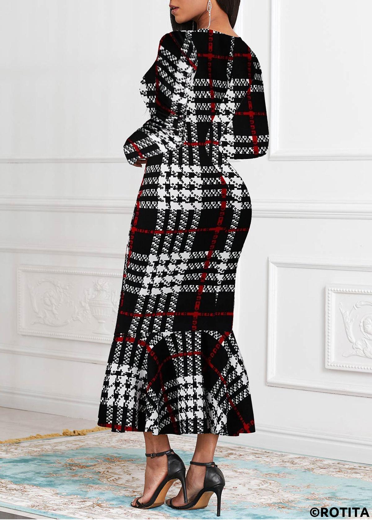 Black plus size,Plaid plus size,Striped plus size,ROTITA Plus Size Mermaid Black Plaid Bodycon Round Neck Dress