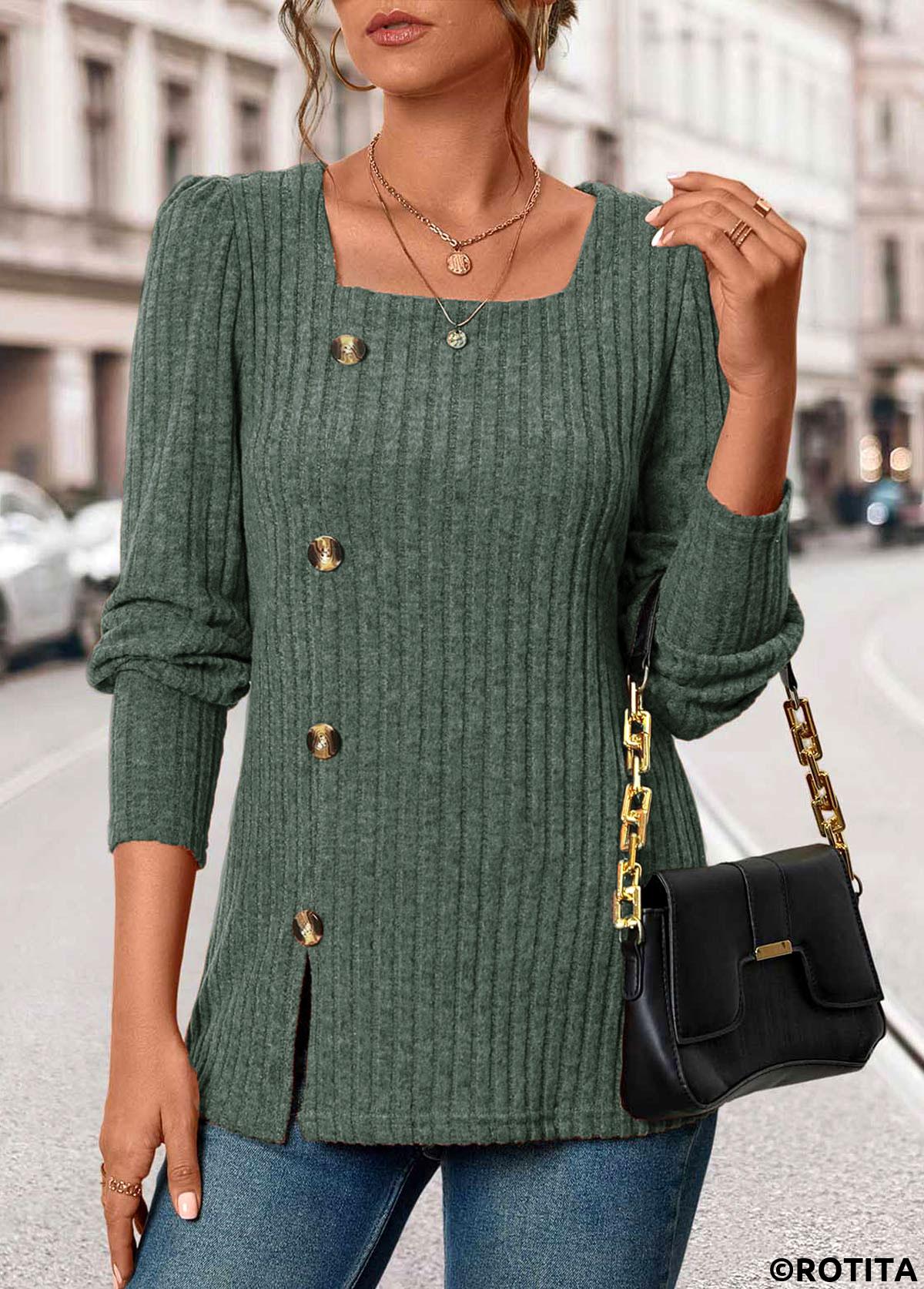 Olive Green tops,Plain Color tops,ROTITA Button Olive Green Square Neck Long Sleeve T Shirt