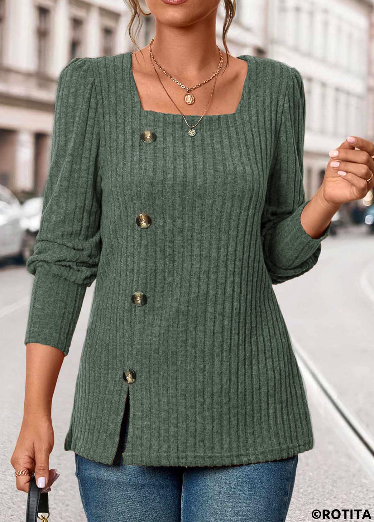 Olive Green tops,Plain Color tops,ROTITA Button Olive Green Square Neck Long Sleeve T Shirt