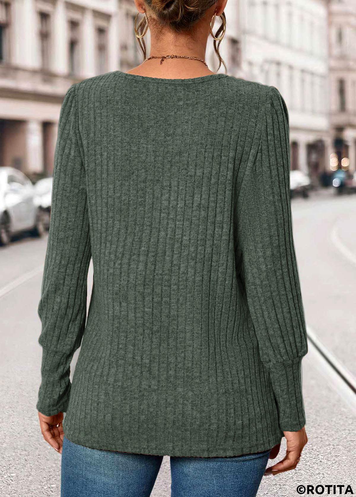 Olive Green tops,Plain Color tops,ROTITA Button Olive Green Square Neck Long Sleeve T Shirt