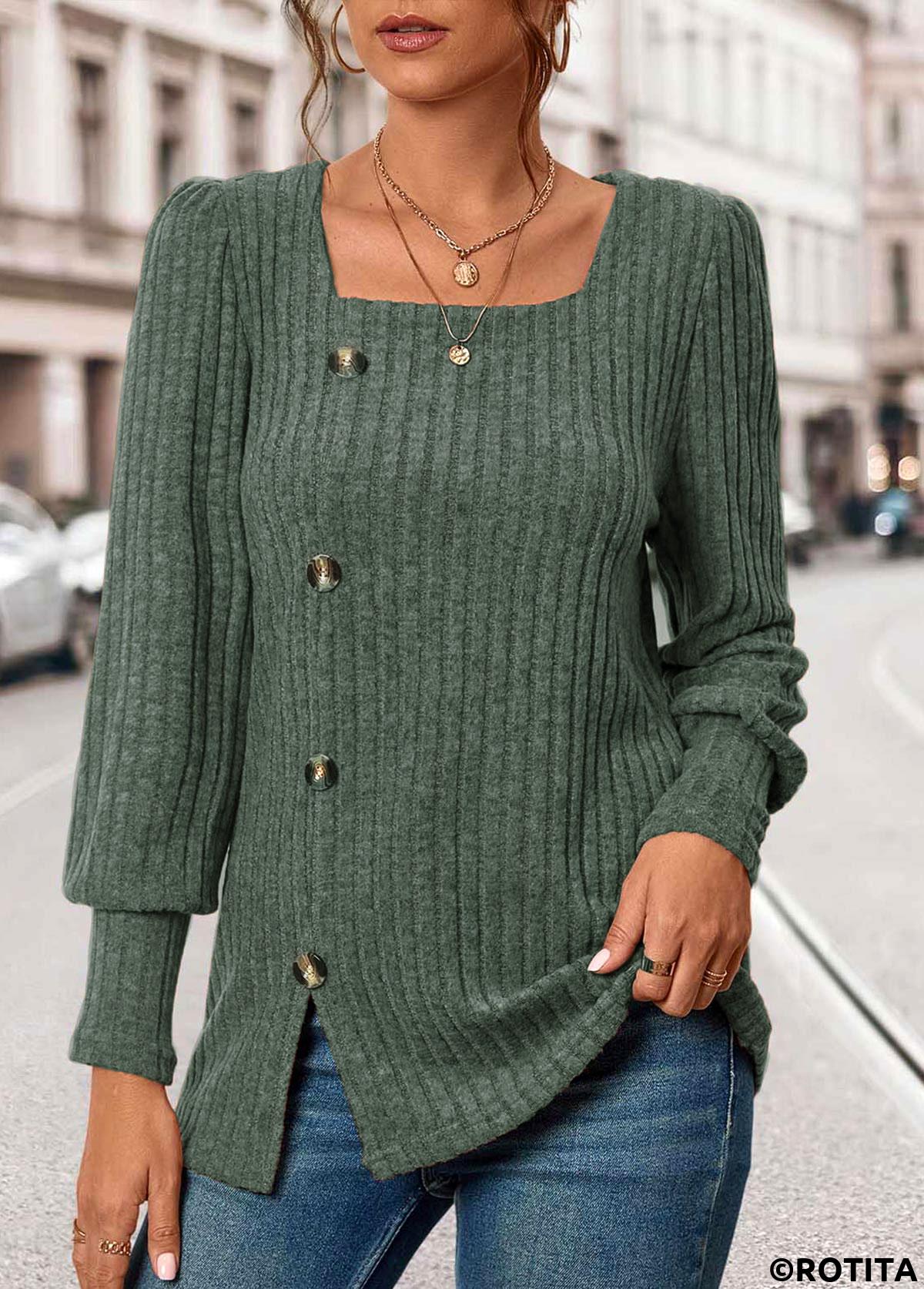 Olive Green tops,Plain Color tops,ROTITA Button Olive Green Square Neck Long Sleeve T Shirt