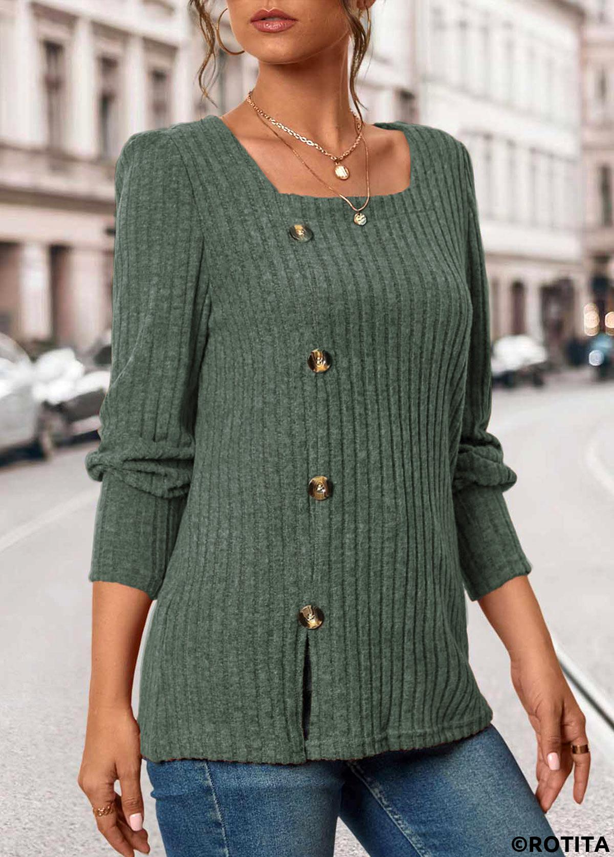 Olive Green tops,Plain Color tops,ROTITA Button Olive Green Square Neck Long Sleeve T Shirt