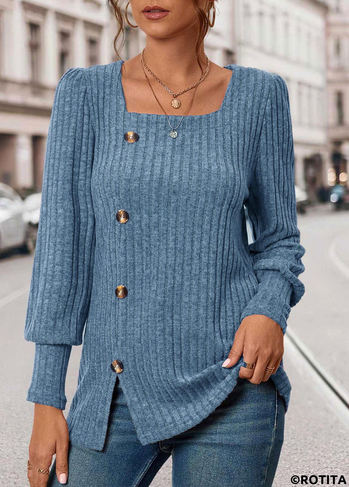 Blue tops,Plain Color tops,ROTITA Button Blue Square Neck Long Sleeve T Shirt