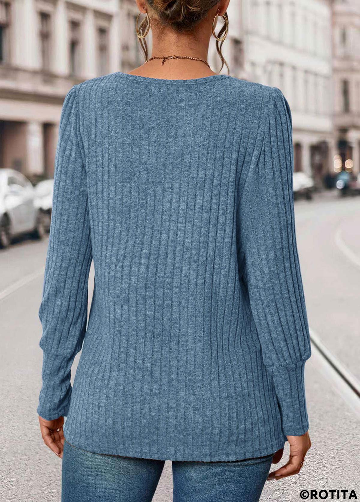 Blue tops,Plain Color tops,ROTITA Button Blue Square Neck Long Sleeve T Shirt
