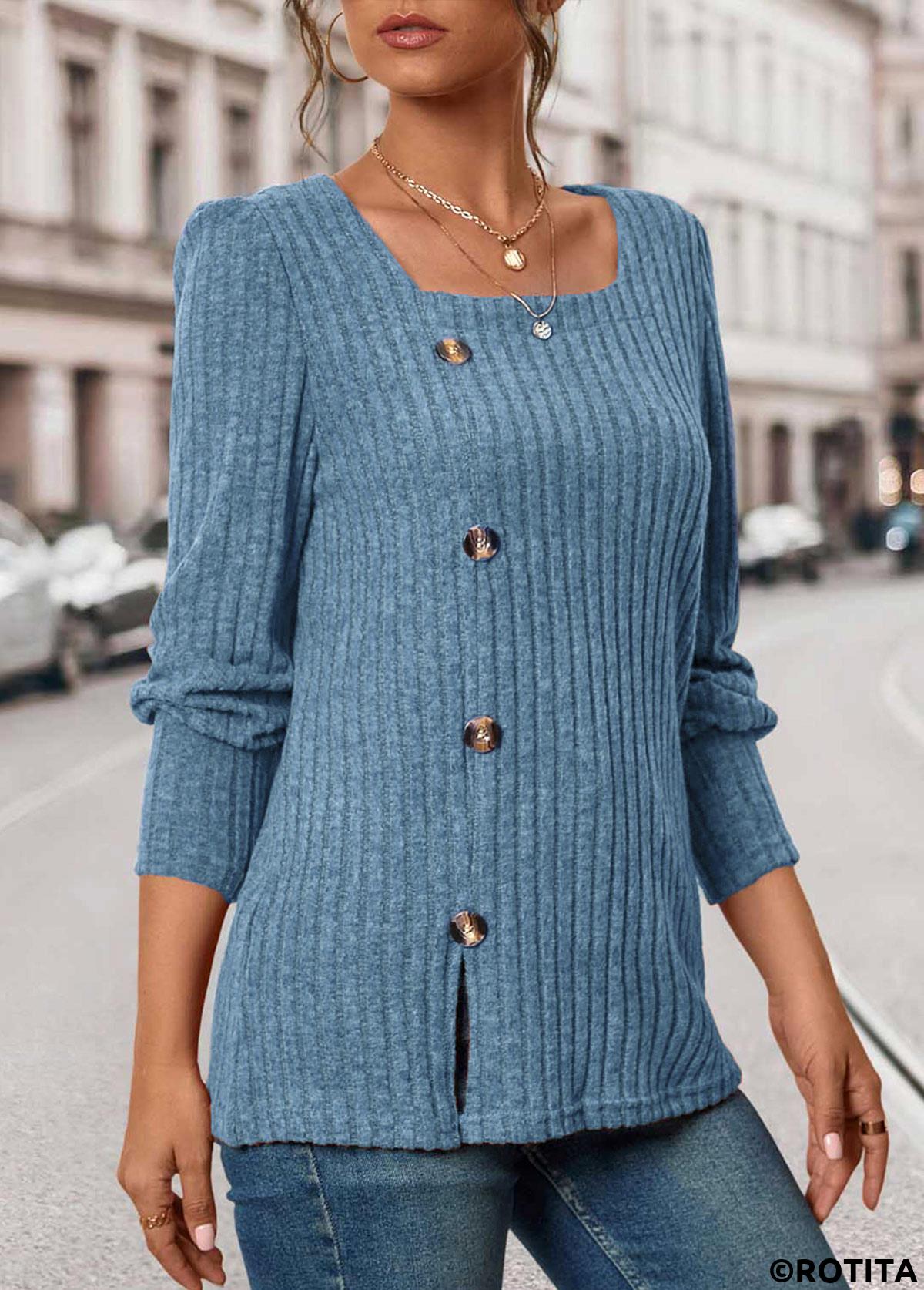 Blue tops,Plain Color tops,ROTITA Button Blue Square Neck Long Sleeve T Shirt
