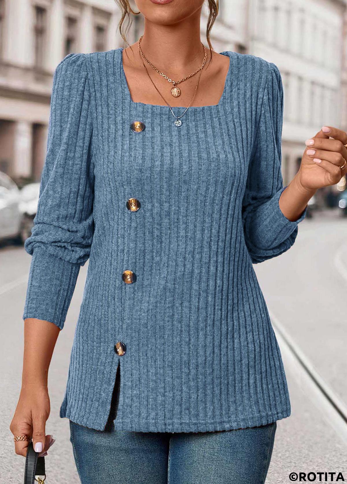 Blue tops,Plain Color tops,ROTITA Button Blue Square Neck Long Sleeve T Shirt