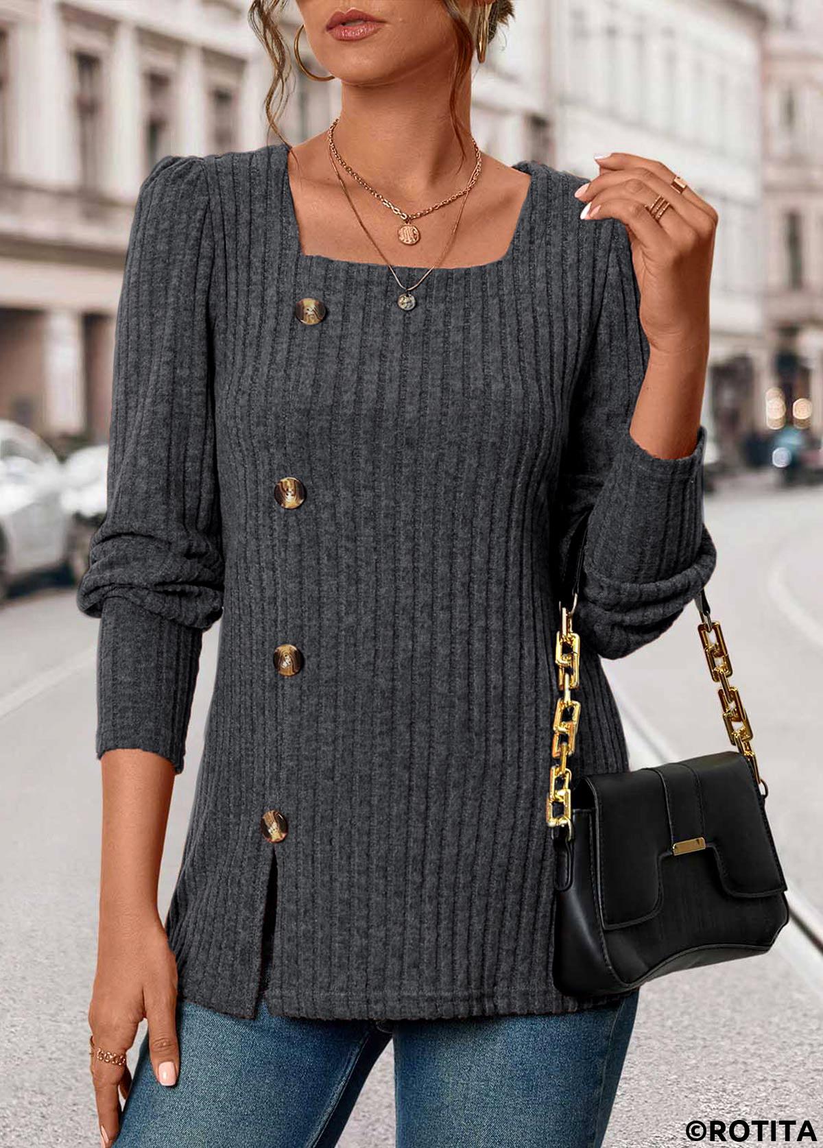 Dark Grey tops,Plain Color tops,ROTITA Button Dark Grey Square Neck Long Sleeve T Shirt
