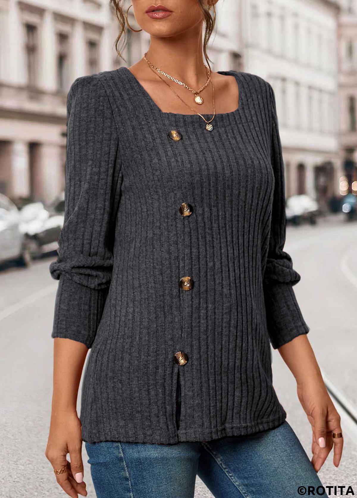 Dark Grey tops,Plain Color tops,ROTITA Button Dark Grey Square Neck Long Sleeve T Shirt