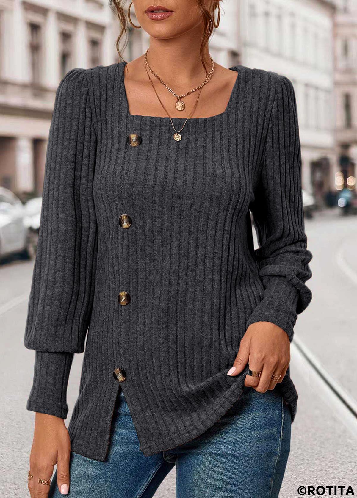 Dark Grey tops,Plain Color tops,ROTITA Button Dark Grey Square Neck Long Sleeve T Shirt