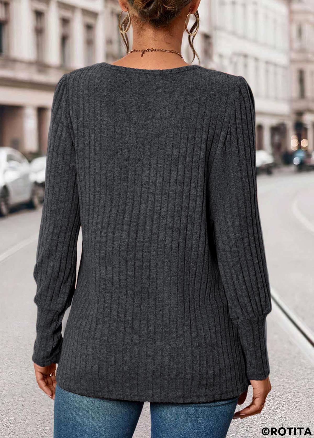Dark Grey tops,Plain Color tops,ROTITA Button Dark Grey Square Neck Long Sleeve T Shirt