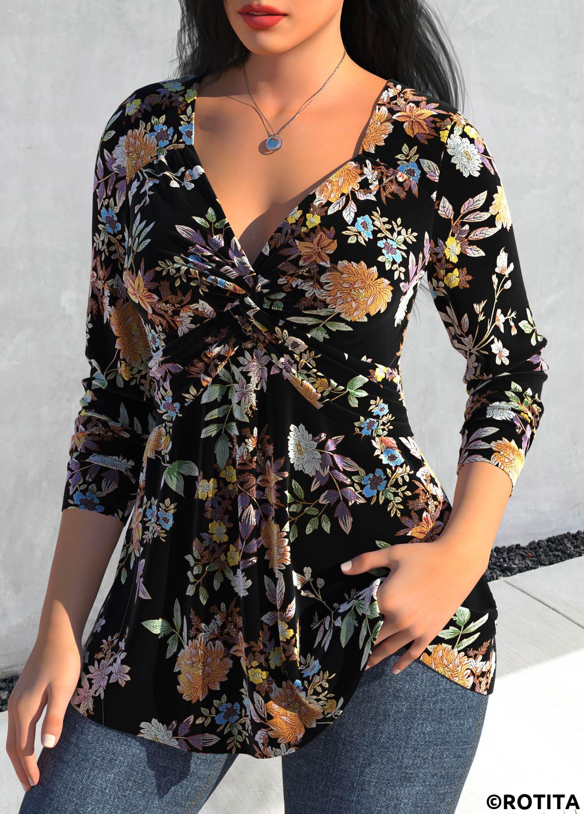 Black tops,Floral tops,Plants tops,ROTITA Velvet Floral Print Black V Neck T Shirt