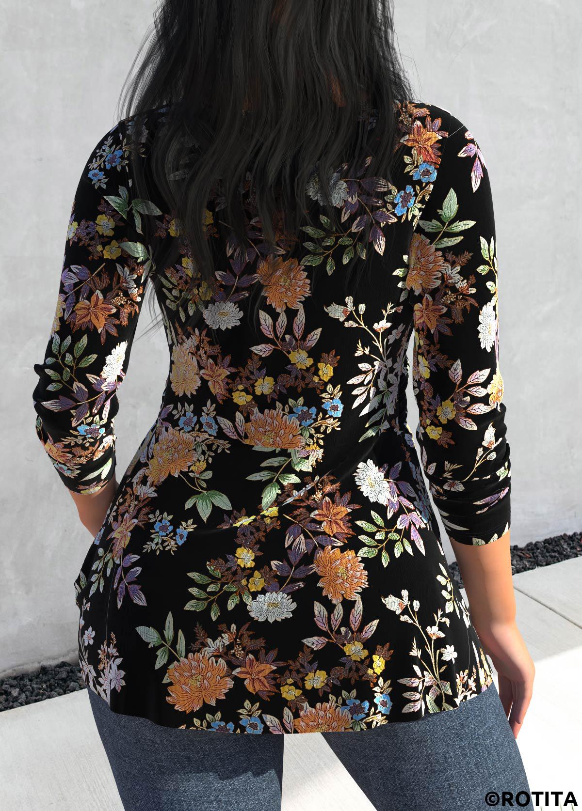 Black tops,Floral tops,Plants tops,ROTITA Velvet Floral Print Black V Neck T Shirt
