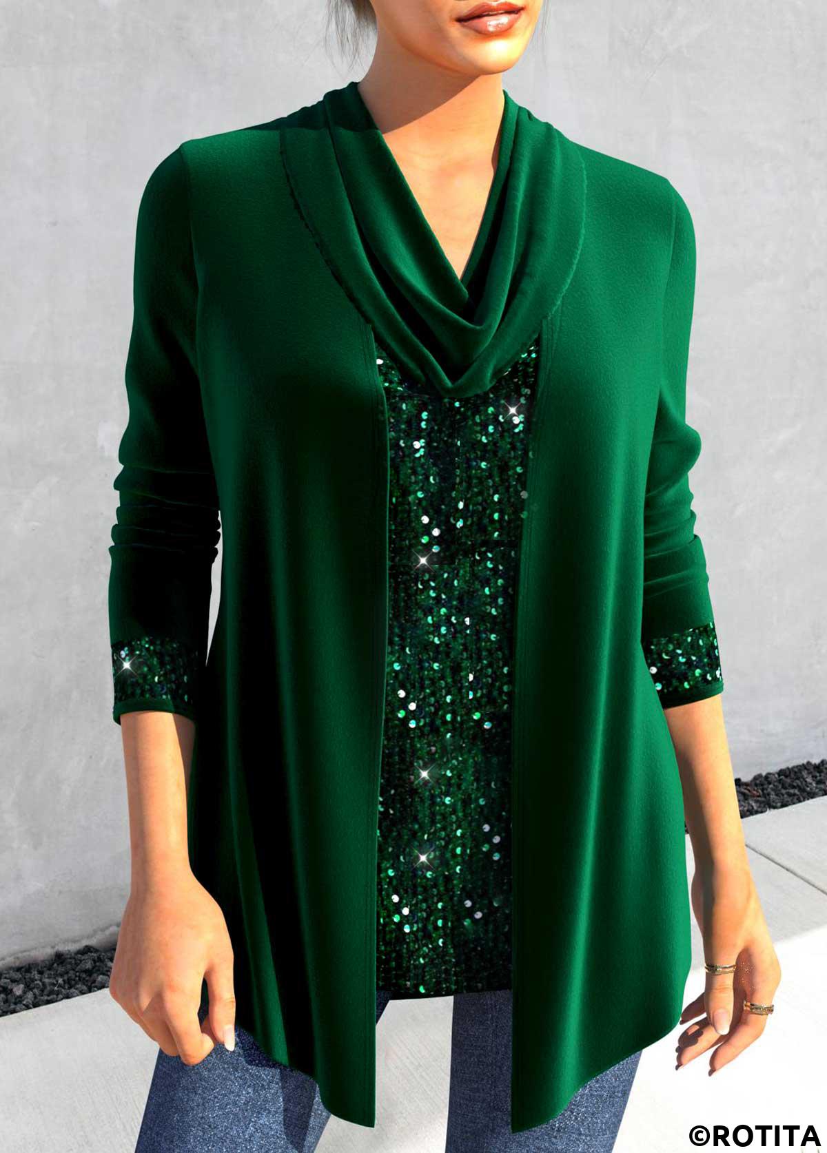 Blackish Green tops,Plain Color tops,ROTITA Sequin Blackish Green Cowl Neck Long Sleeve T Shirt