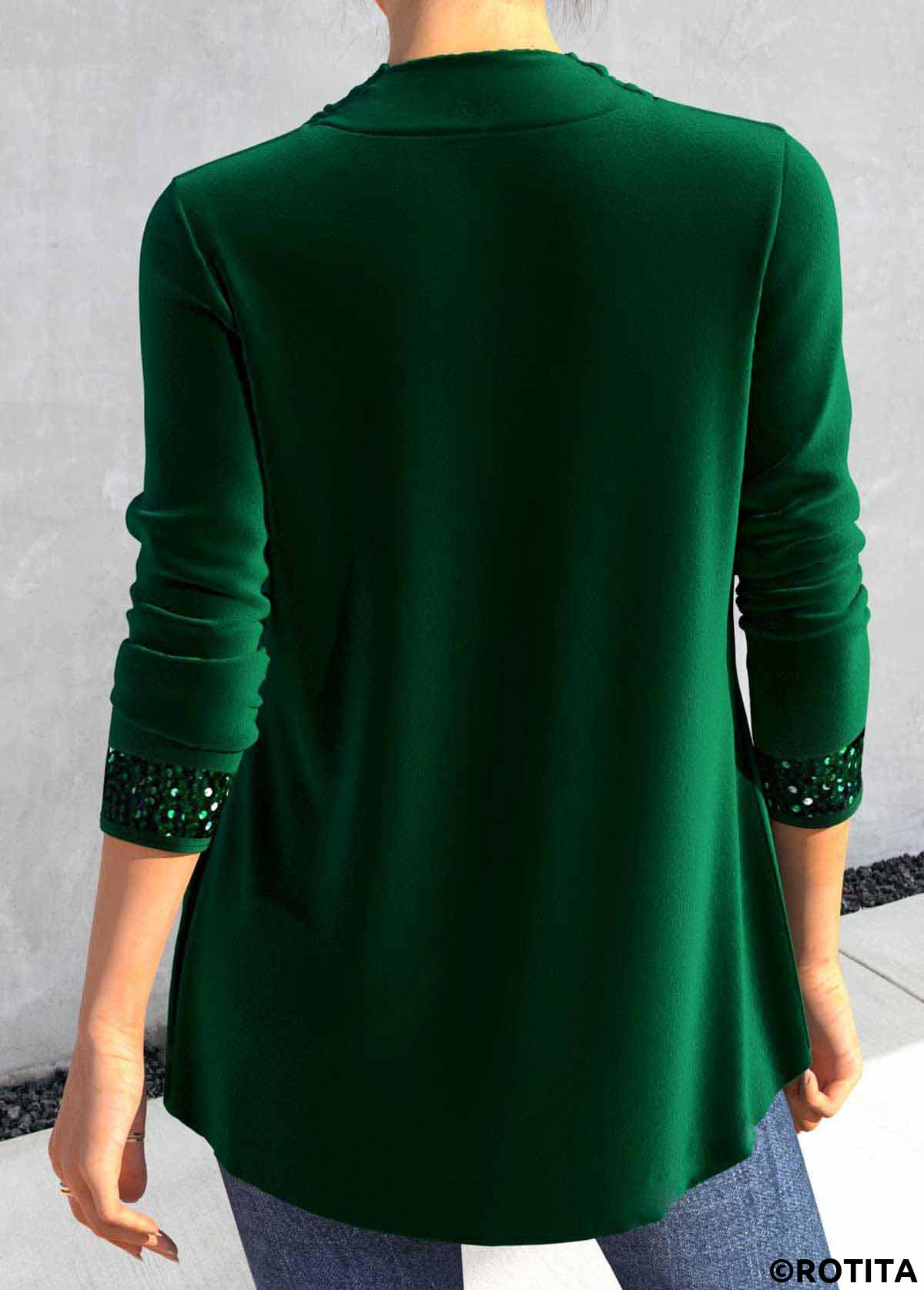 Blackish Green tops,Plain Color tops,ROTITA Sequin Blackish Green Cowl Neck Long Sleeve T Shirt