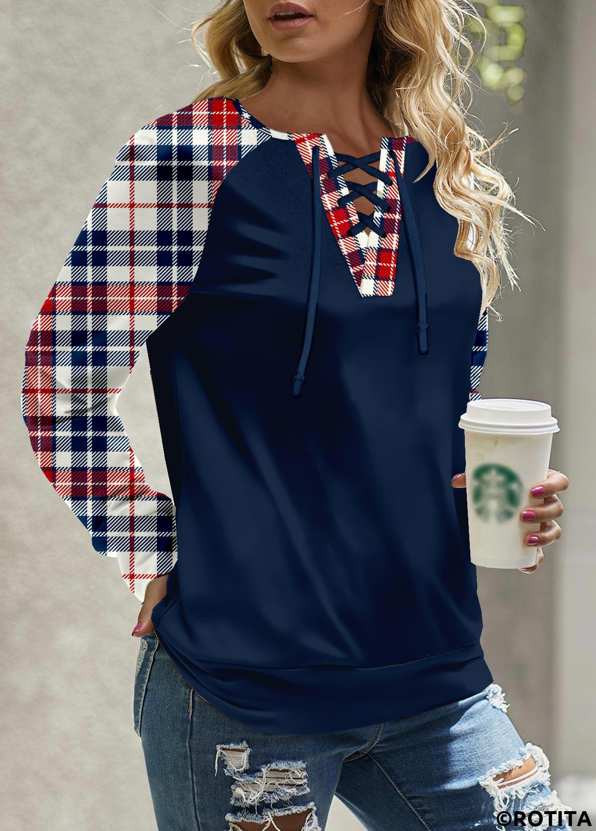 Navy tops,Plaid tops,Striped tops,ROTITA Patchwork Plaid Navy Round Neck Long Sleeve Sweatshirt