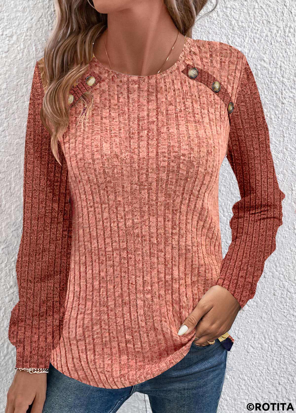 Dusty Pink tops,Contrast Color tops,ROTITA Ruched Dusty Pink Round Neck Long Sleeve Sweatshirt