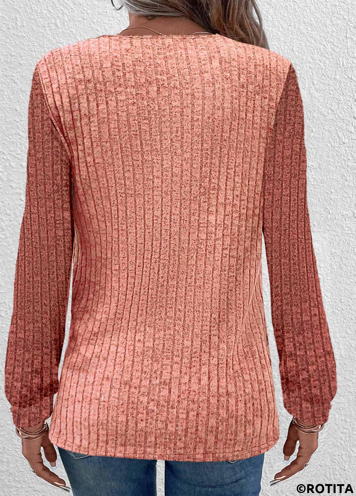 Dusty Pink tops,Contrast Color tops,ROTITA Ruched Dusty Pink Round Neck Long Sleeve Sweatshirt