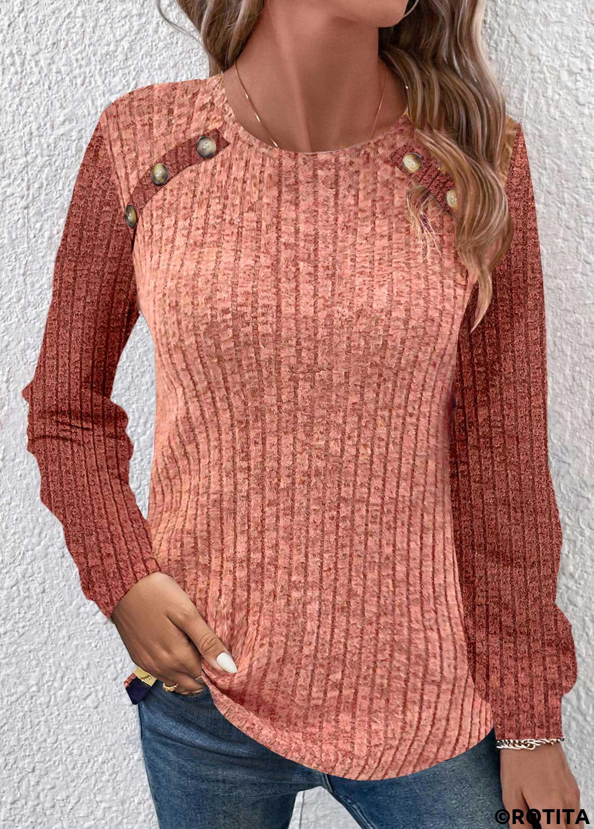 Dusty Pink tops,Contrast Color tops,ROTITA Ruched Dusty Pink Round Neck Long Sleeve Sweatshirt