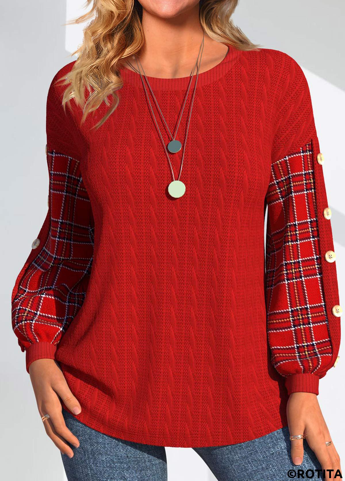 Red plus size,Plaid plus size,Geometric plus size,Striped plus size,ROTITA Plus Size Button Red Plaid Round Neck Sweatshirt