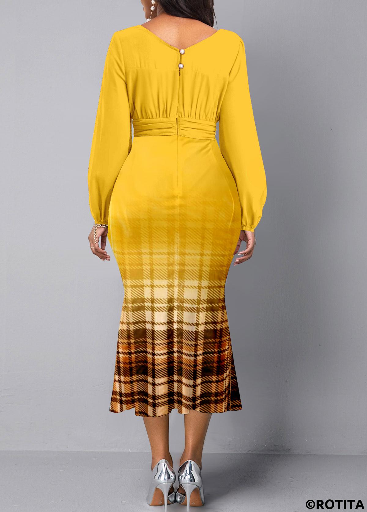 Yellow dresses,Plaid dresses,Geometric dresses,Striped dresses,Party dresses,Elegant dresses,ROTITA Plaid Yellow V Neck Long Sleeve Mermaid Dress
