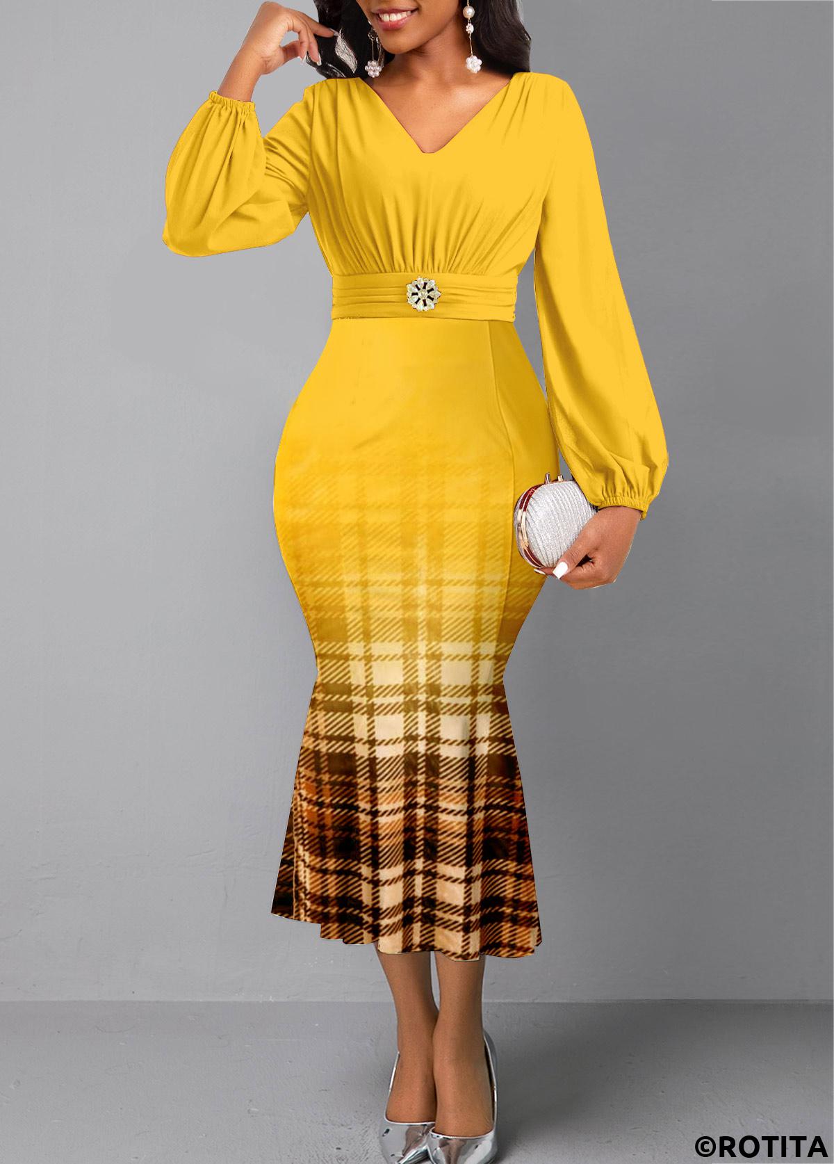 Yellow dresses,Plaid dresses,Geometric dresses,Striped dresses,Party dresses,Elegant dresses,ROTITA Plaid Yellow V Neck Long Sleeve Mermaid Dress