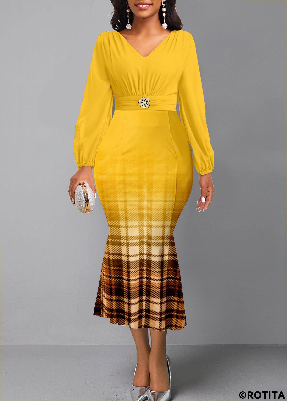 Yellow dresses,Plaid dresses,Geometric dresses,Striped dresses,Party dresses,Elegant dresses,ROTITA Plaid Yellow V Neck Long Sleeve Mermaid Dress
