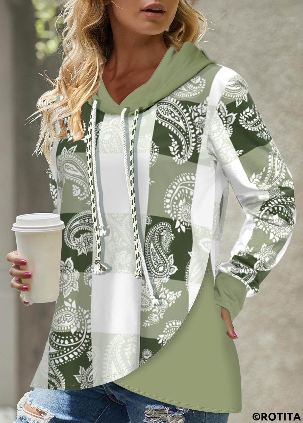 Light Green tops,Tribal tops,ROTITA Patchwork Tribal Print Light Green Long Sleeve Hoodie