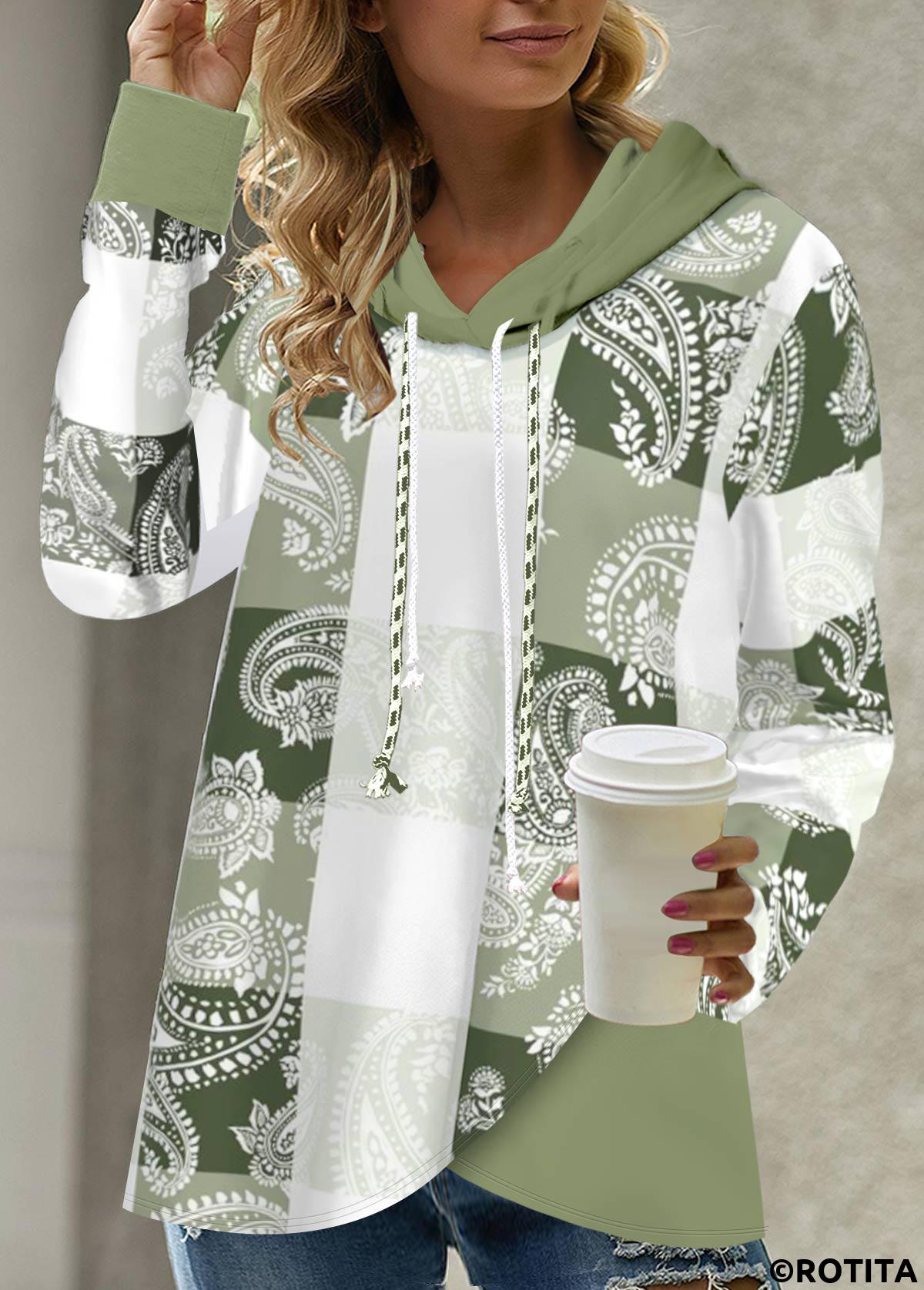 Light Green tops,Tribal tops,ROTITA Patchwork Tribal Print Light Green Long Sleeve Hoodie