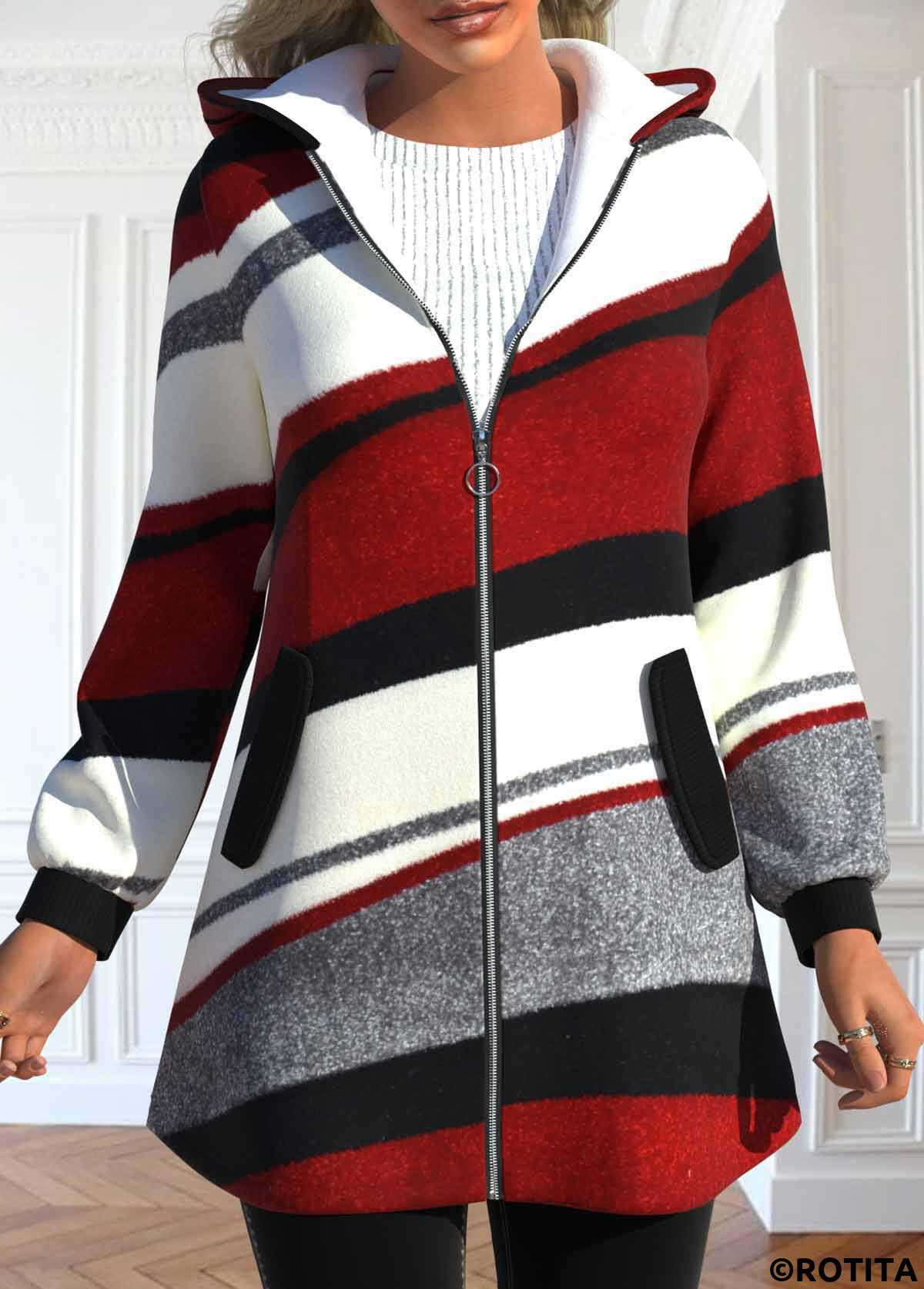 Wine Red tops,White tops,Geometric tops,Striped tops,ROTITA Pocket Geometric Print Wine Red Hooded Long Sleeve Coat