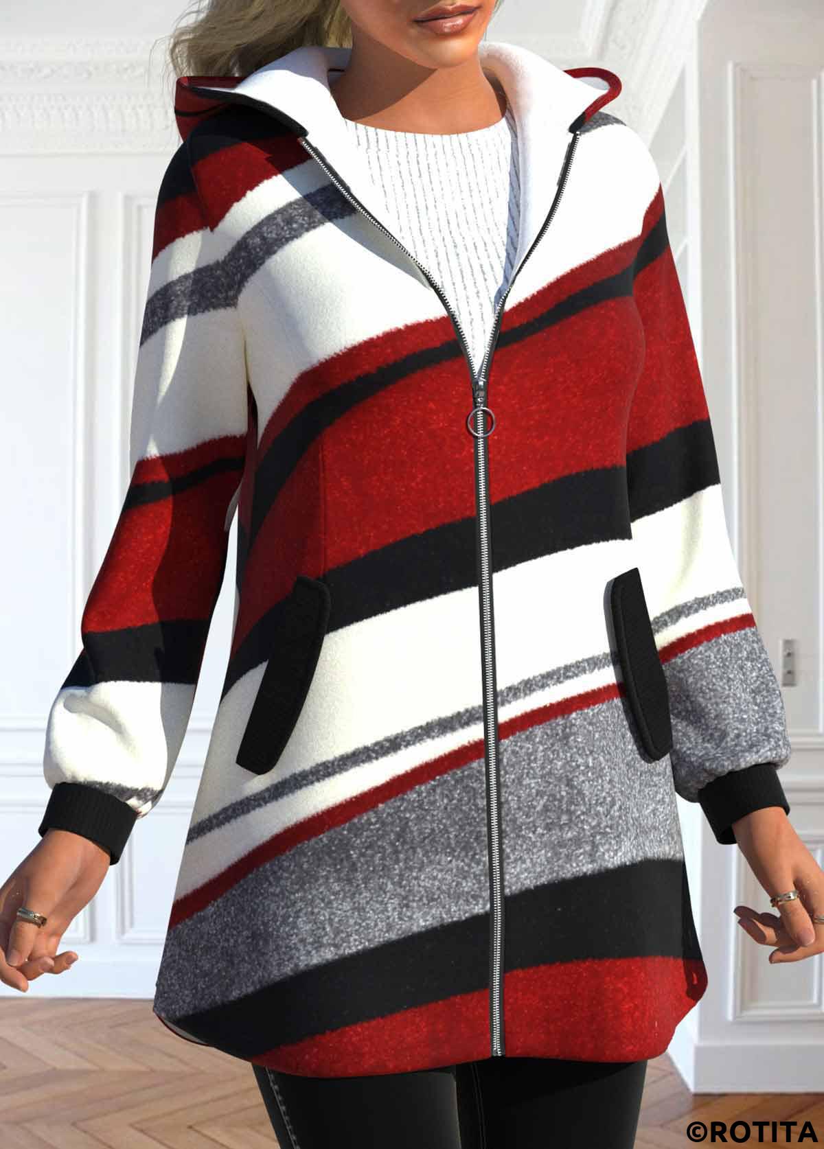 Wine Red tops,White tops,Geometric tops,Striped tops,ROTITA Pocket Geometric Print Wine Red Hooded Long Sleeve Coat