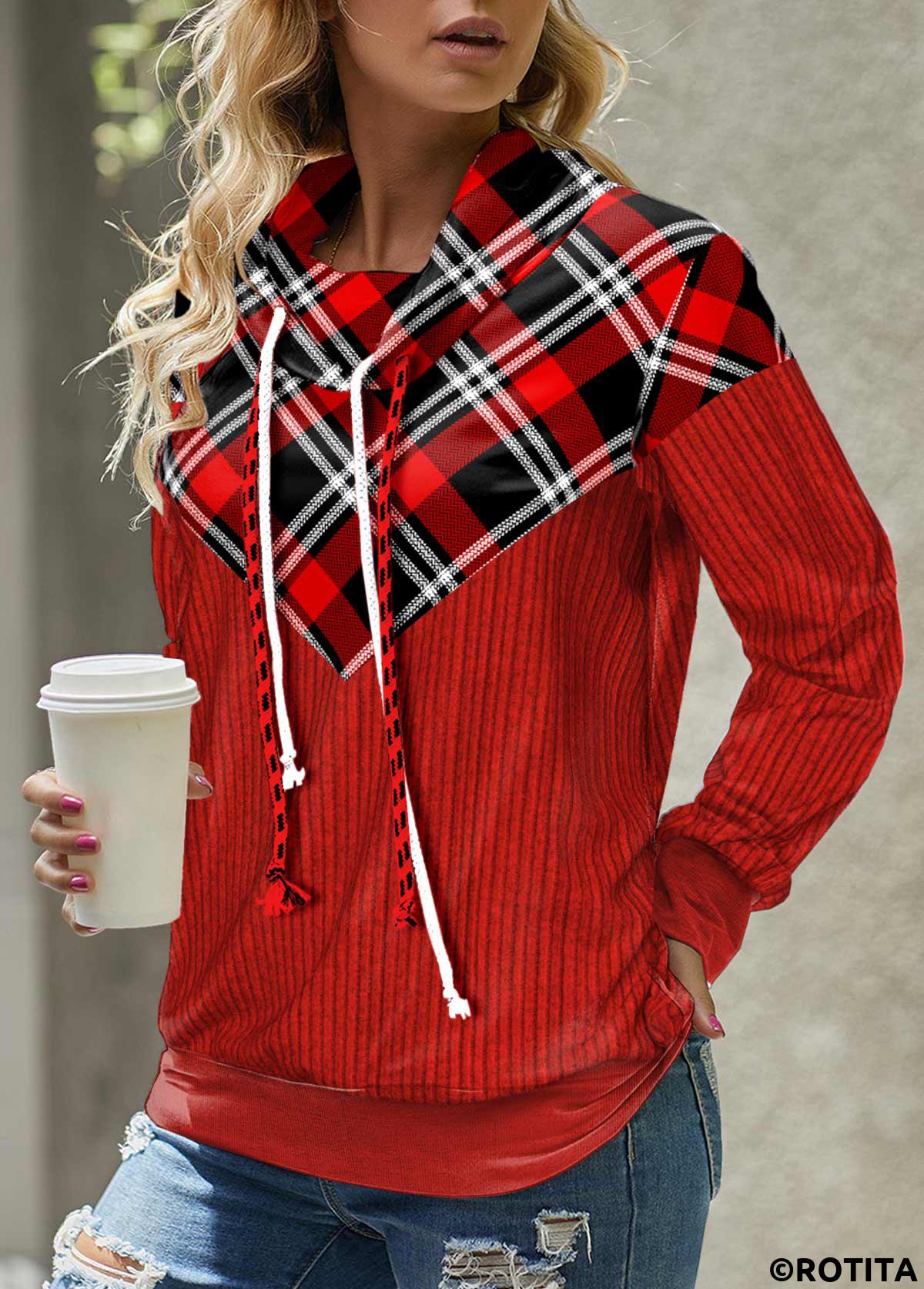 Red tops,Plaid tops,Striped tops,Geometric tops,ROTITA Patchwork Plaid Red Cowl Neck Long Sleeve Sweatshirt