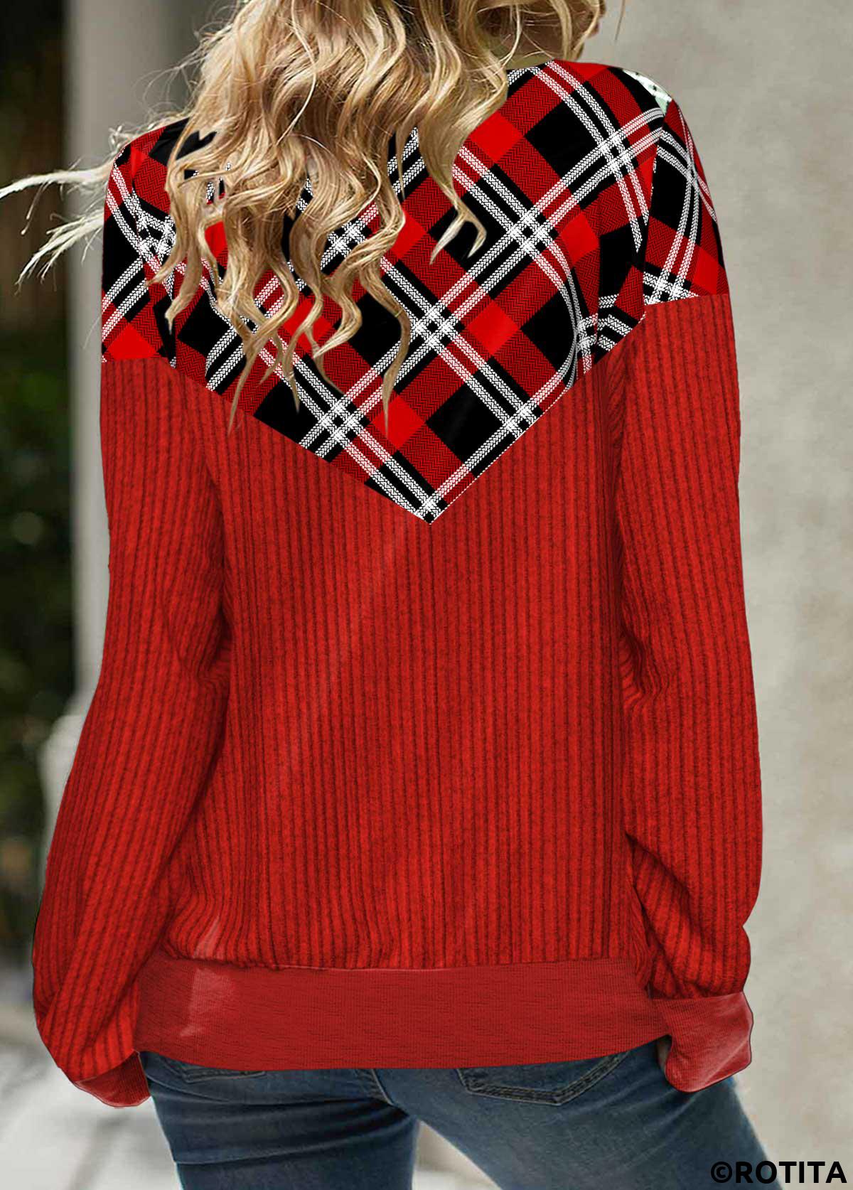 Red tops,Plaid tops,Striped tops,Geometric tops,ROTITA Patchwork Plaid Red Cowl Neck Long Sleeve Sweatshirt