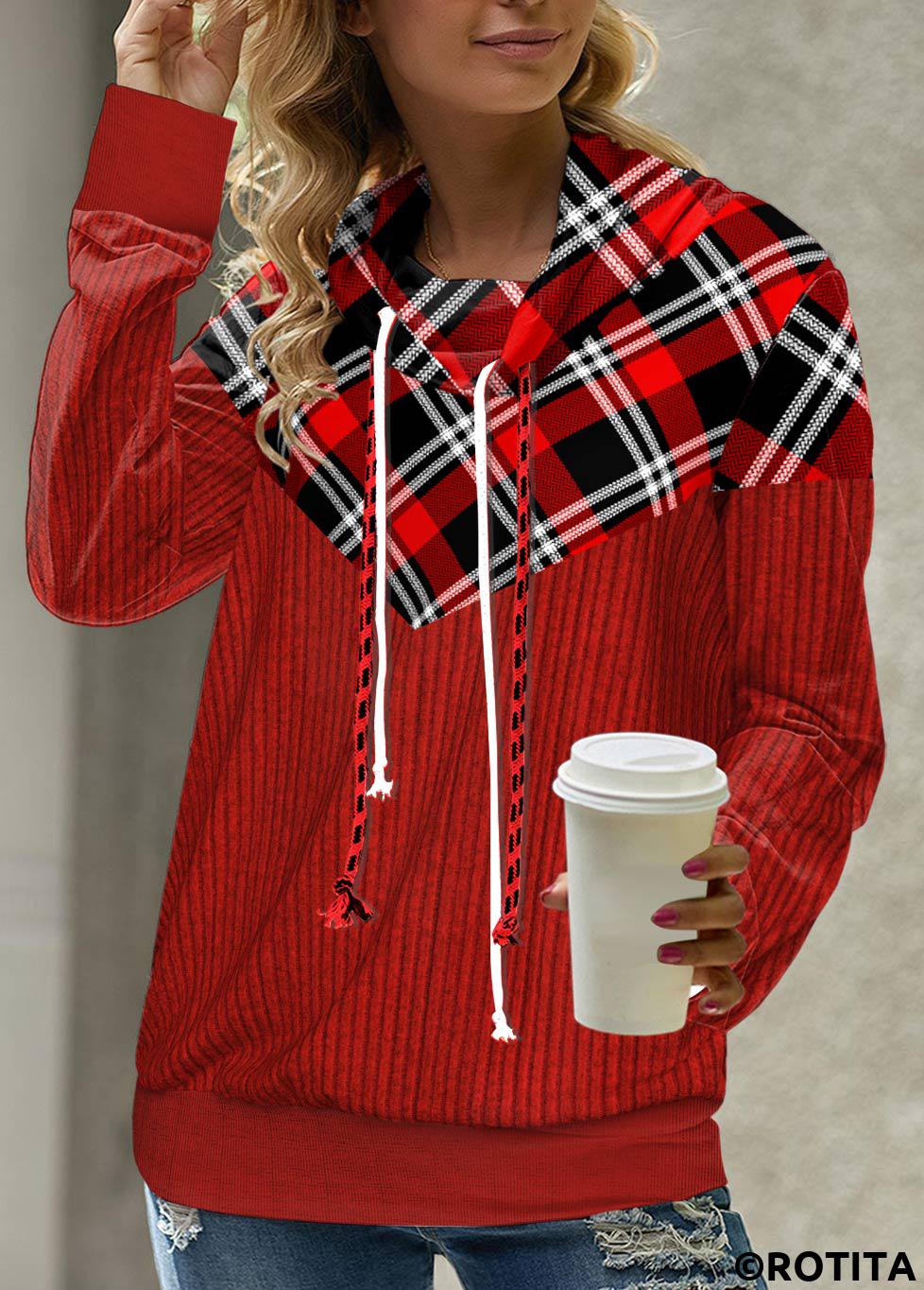 Red tops,Plaid tops,Striped tops,Geometric tops,ROTITA Patchwork Plaid Red Cowl Neck Long Sleeve Sweatshirt