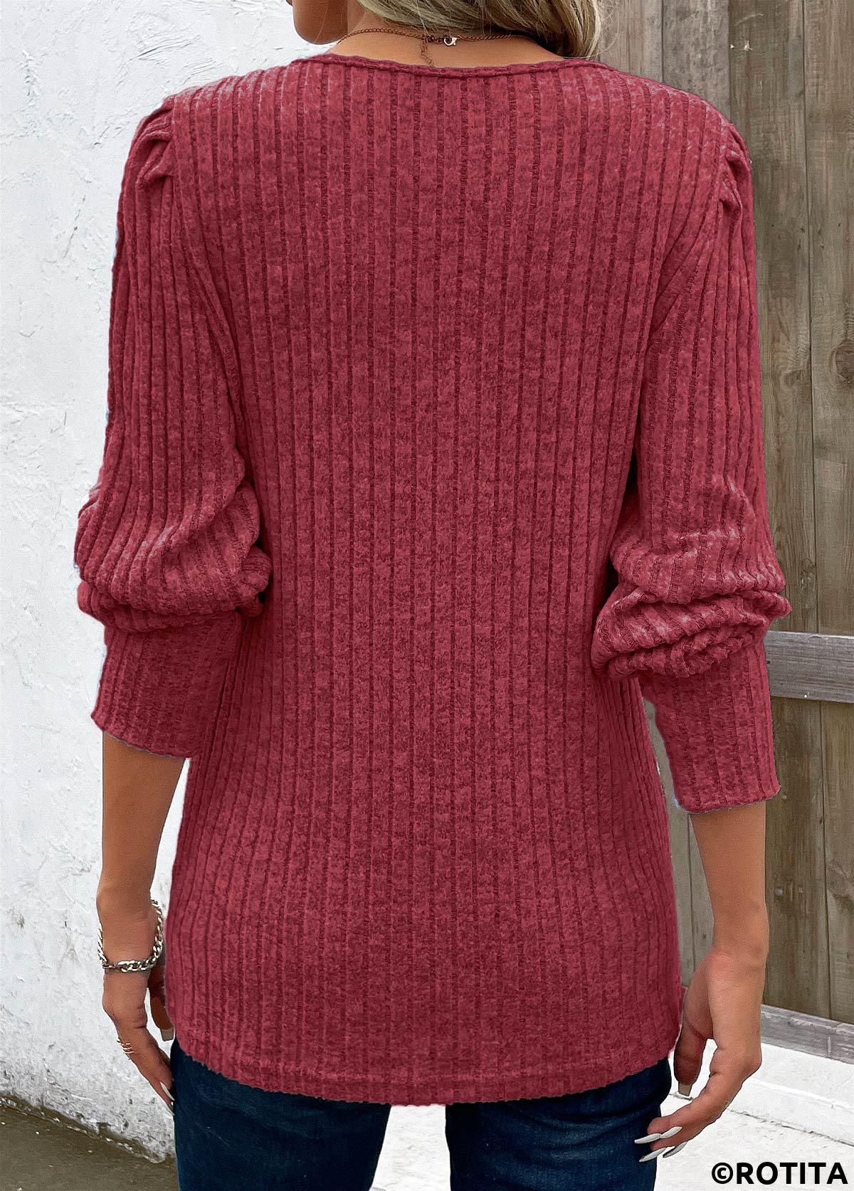 Patchwork Wine Red V Neck Long Sleeve T Shirt