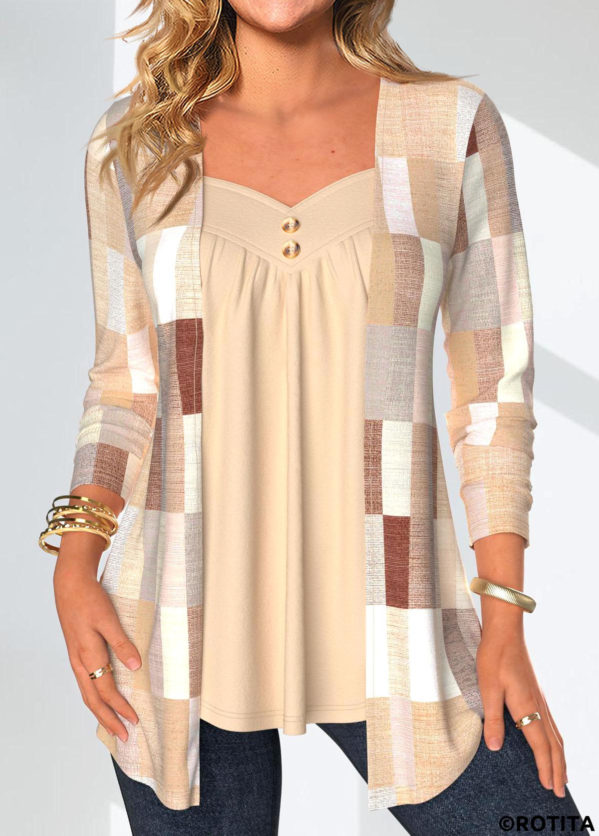 ROTITA Patchwork Geometric Print Skin Color Fake Two Piece Twinset