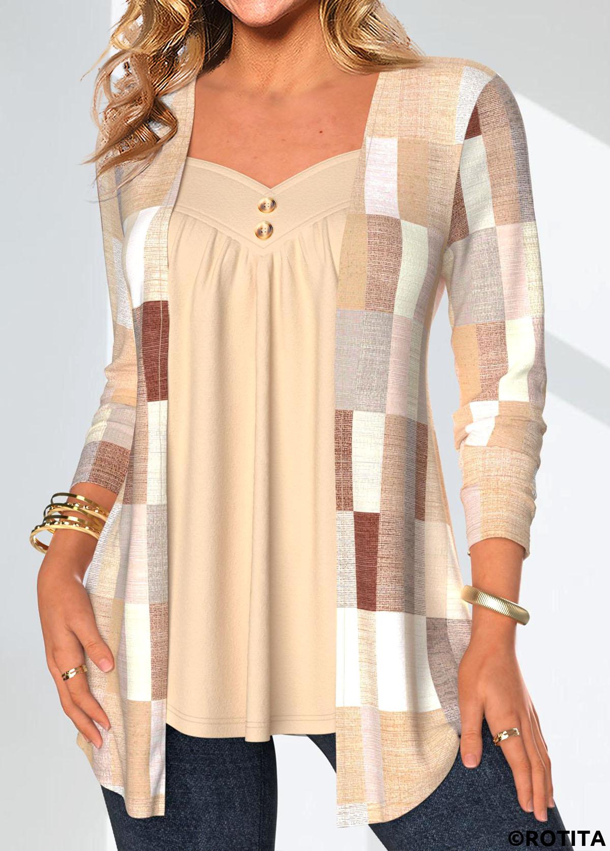 ROTITA Patchwork Geometric Print Skin Color Fake Two Piece Twinset