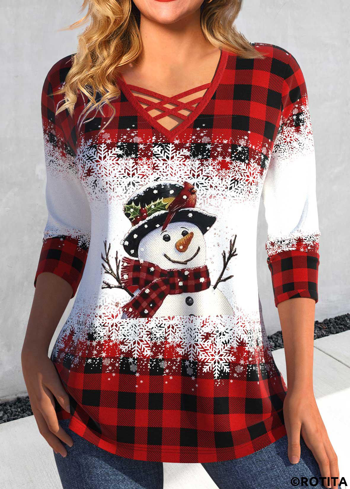 Red tops,Christmas tops,ROTITA Criss Cross Snowman Print Red V Neck T Shirt
