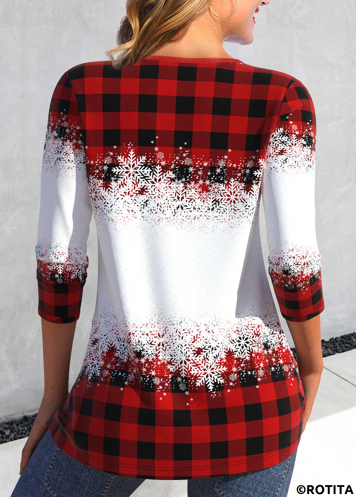 Red tops,Christmas tops,ROTITA Criss Cross Snowman Print Red V Neck T Shirt
