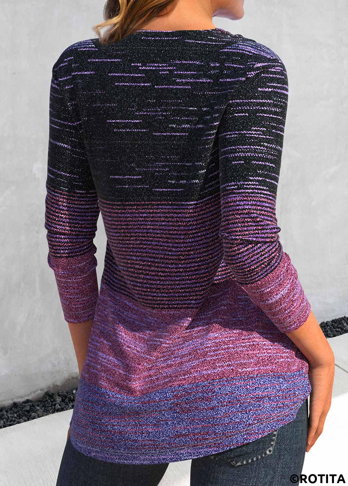Dark Reddish Purple plus size,Striped plus size,Geometric plus size,ROTITA Plus Size Button Dark Reddish Purple Striped T Shirt