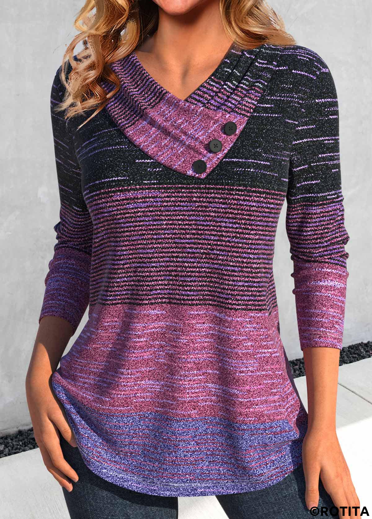 Dark Reddish Purple plus size,Striped plus size,Geometric plus size,ROTITA Plus Size Button Dark Reddish Purple Striped T Shirt