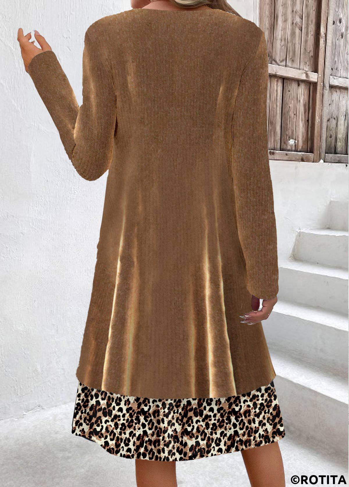 Light Coffee dresses,Leopard dresses,Everyday dresses,Casual dresses,ROTITA Fake 2in1 Leopard Light Coffee A Line Dress