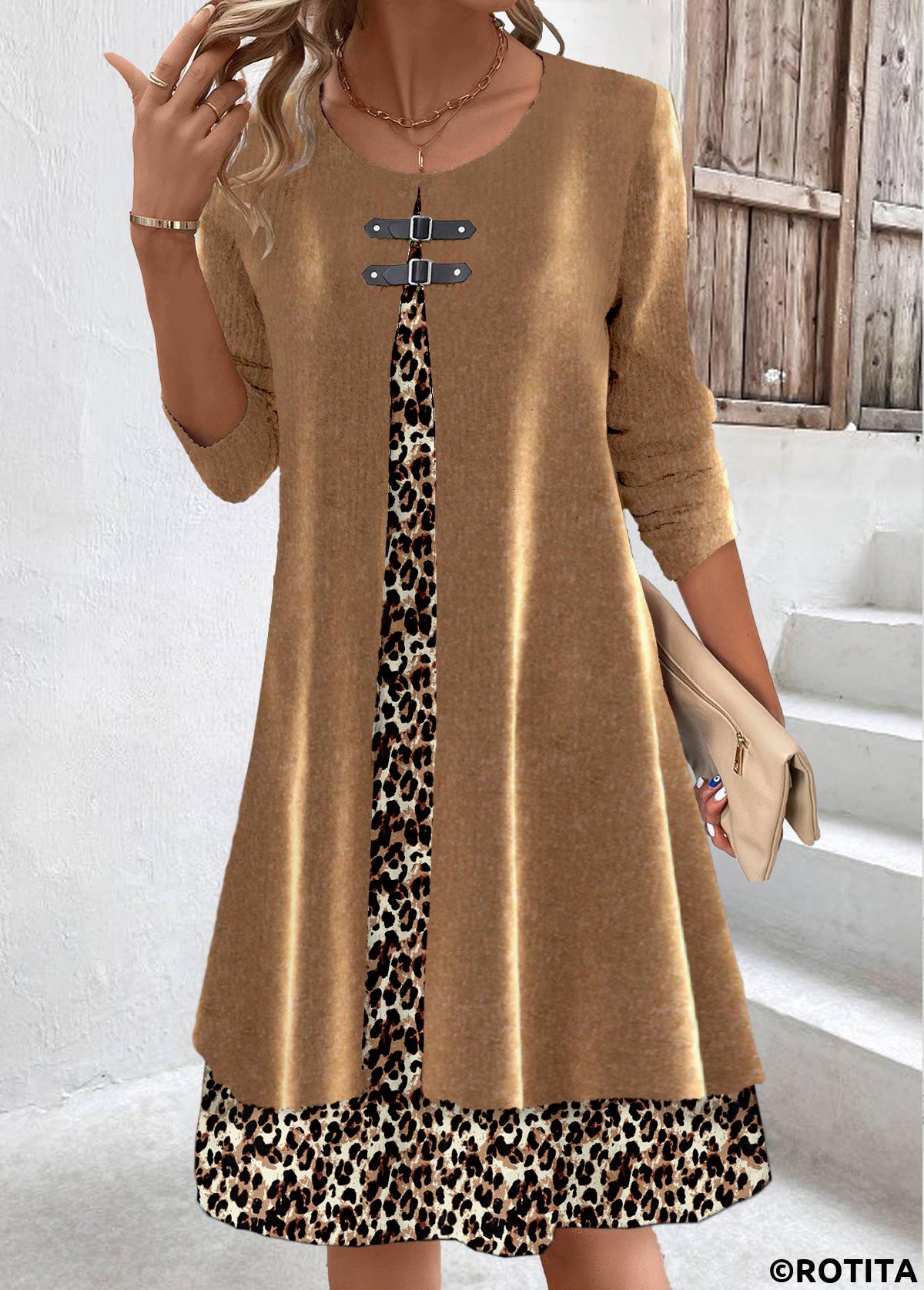 Light Coffee dresses,Leopard dresses,Everyday dresses,Casual dresses,ROTITA Fake 2in1 Leopard Light Coffee A Line Dress