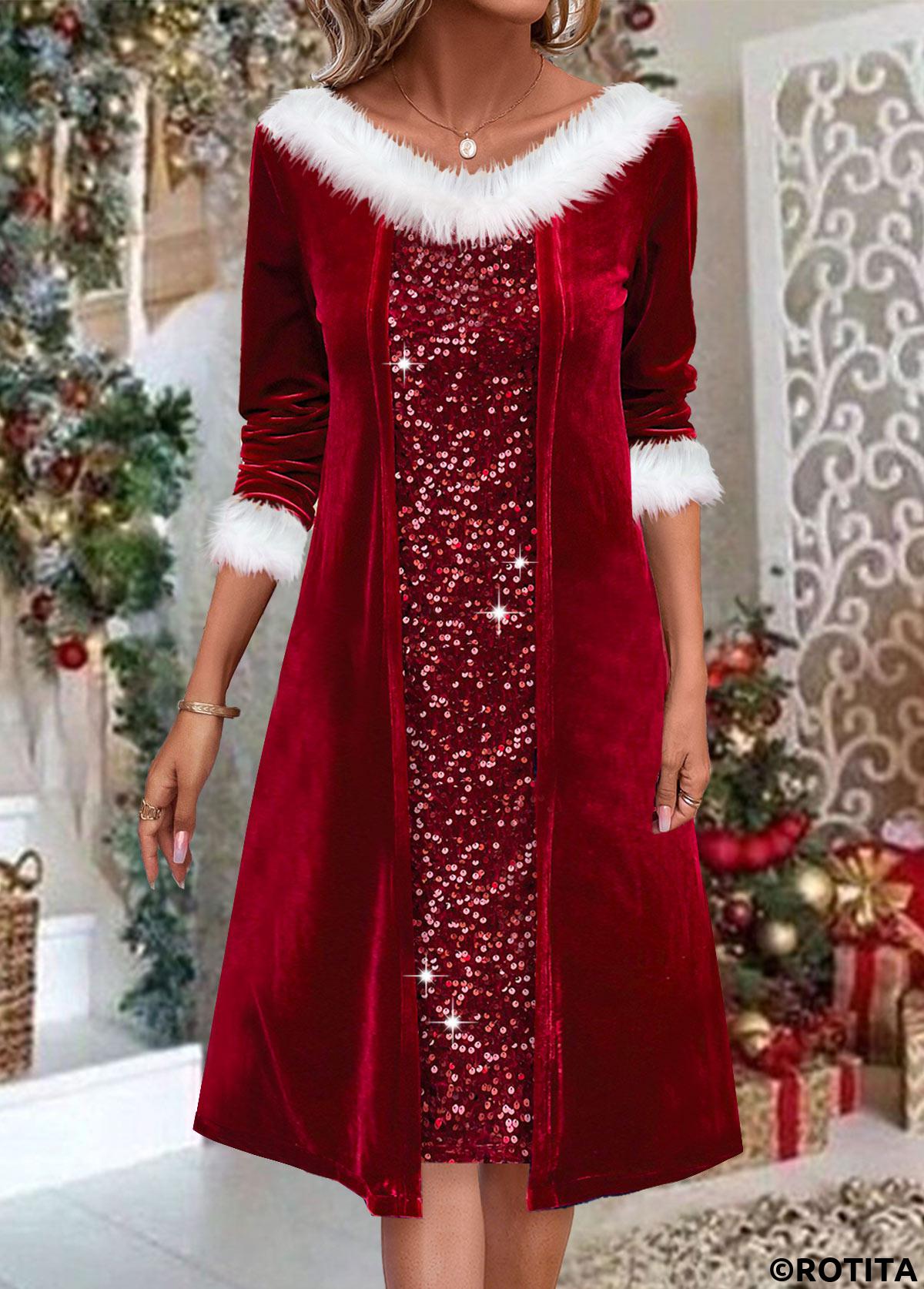 Red dresses,Contrast Color dresses,Everyday dresses,Casual dresses,ROTITA Fur Collar Red A Line Dress