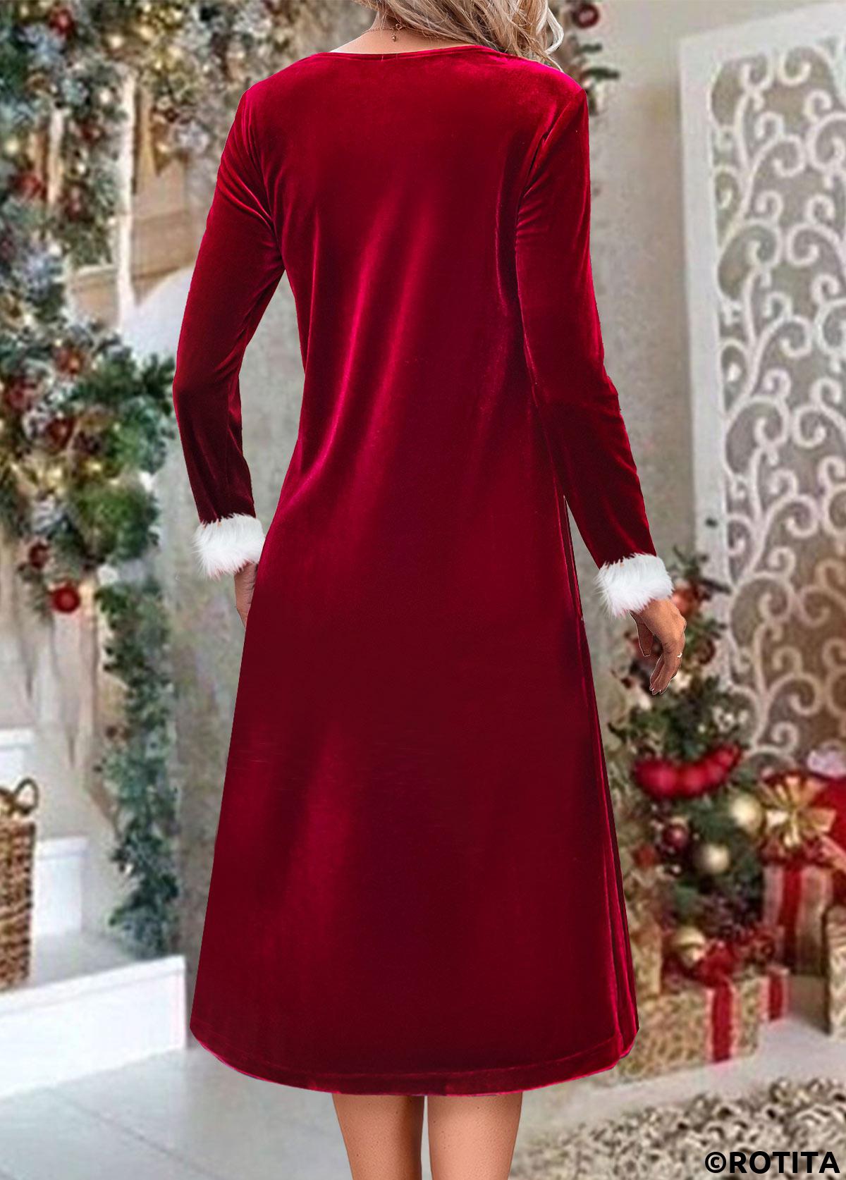 Red dresses,Contrast Color dresses,Everyday dresses,Casual dresses,ROTITA Fur Collar Red A Line Dress