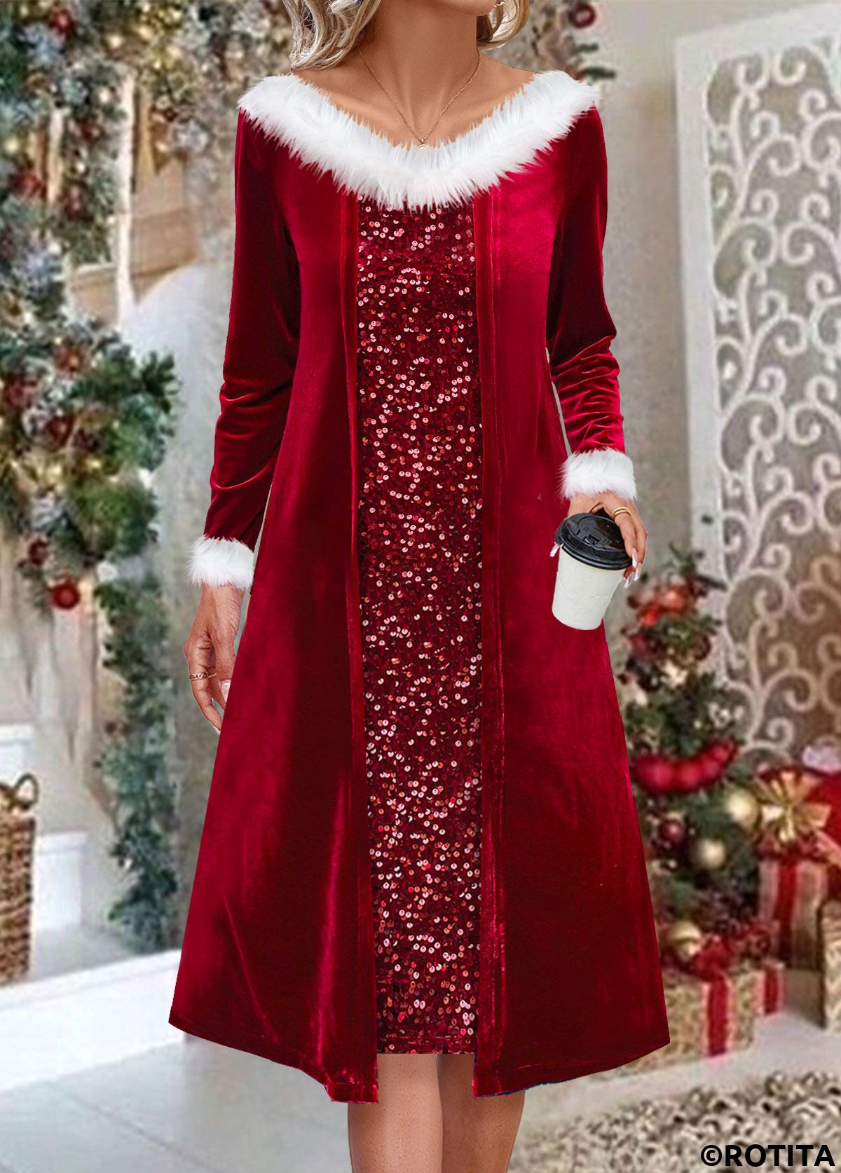 Red dresses,Contrast Color dresses,Everyday dresses,Casual dresses,ROTITA Fur Collar Red A Line Dress