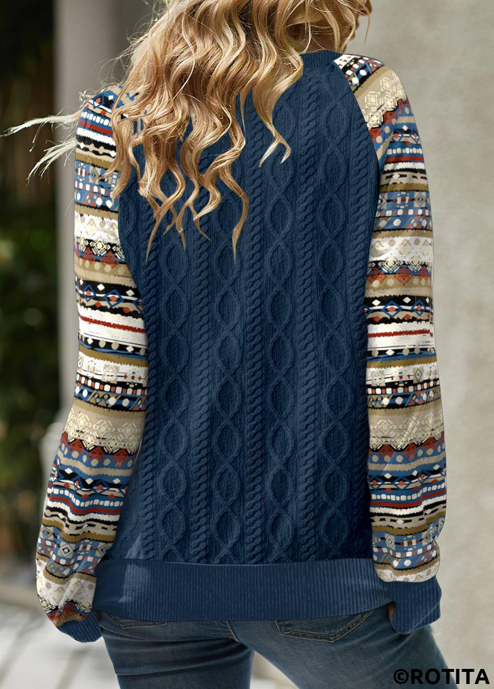 Navy tops,Tribal tops,Striped tops,Geometric tops,Dot tops,ROTITA Patchwork Tribal Print Navy Split Neck Long Sleeve Sweatshirt